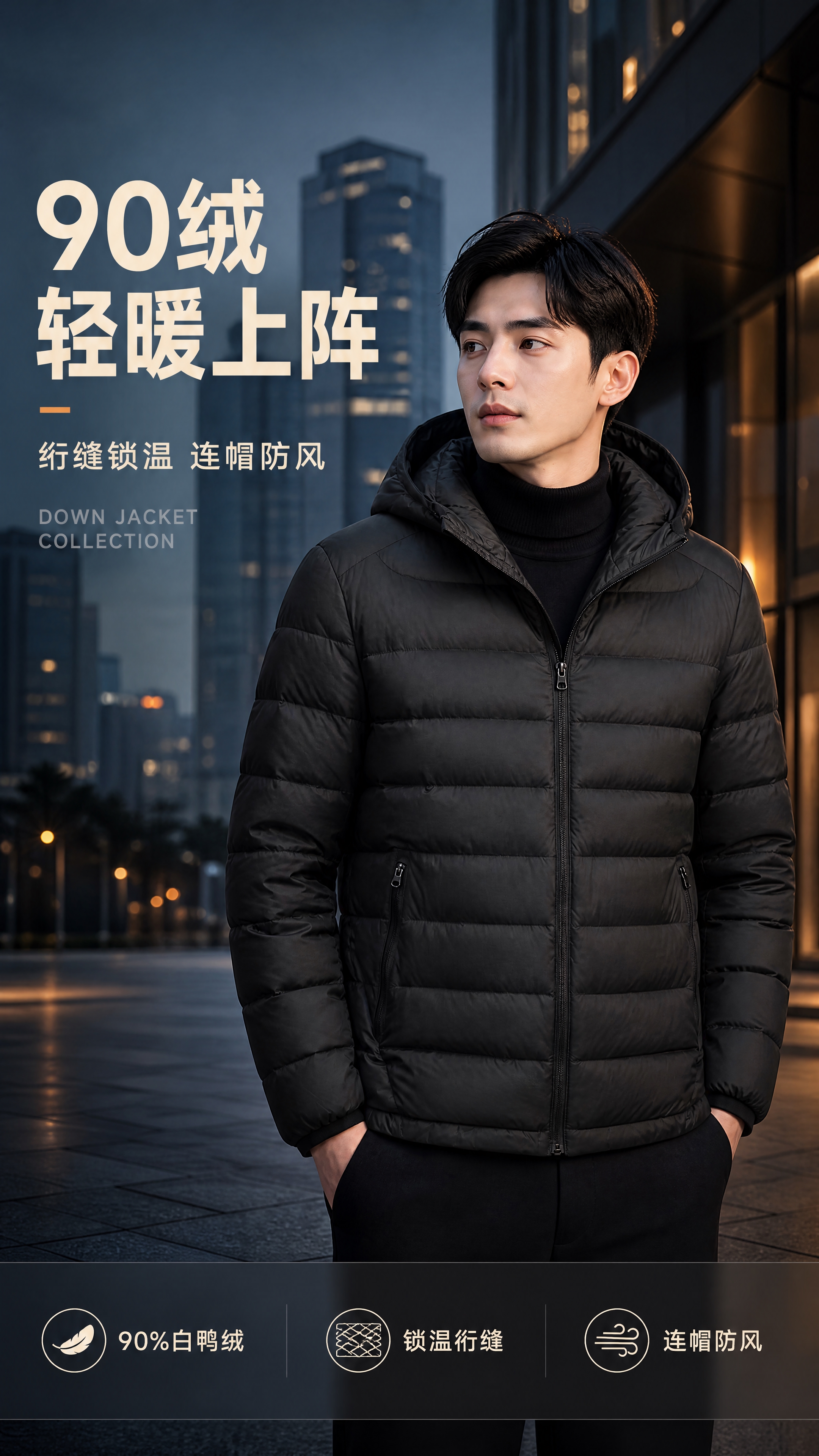 [第1张] 详情页头图主视觉 - 男士黑色90绒绗线戴帽款羽绒… - 图片创意预览