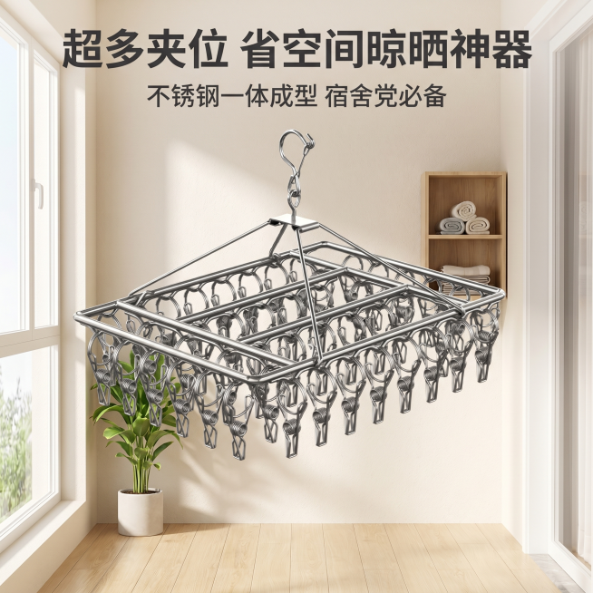 [主图 1] 不锈钢多夹子晾衣架产品首图。
[氛围风格] 居家日用干净明亮风格，真实阳台场景
[画质] 商业摄影质感、光线柔和通透、产品清晰真实、画面干净高级。
[元素] 多夹子不锈钢晾衣架悬挂在明亮预览效果