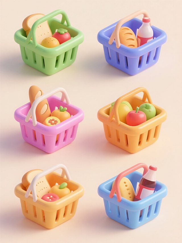 6个不同配色、不同排版样式的3D购物篮元素，采用卡通风格，圆润边缘设计，表面有细微光泽感，每个购物篮内部装有简约化的食品元素（如面包、水果、饮料等），整体色彩明快鲜艳，以浅色背景为衬托，6个购物篮呈上下两行对齐排列，构图平衡，视觉层次清晰，符合现代电商或超市促销材料的设计感，具有简洁明了的信息传达效率。