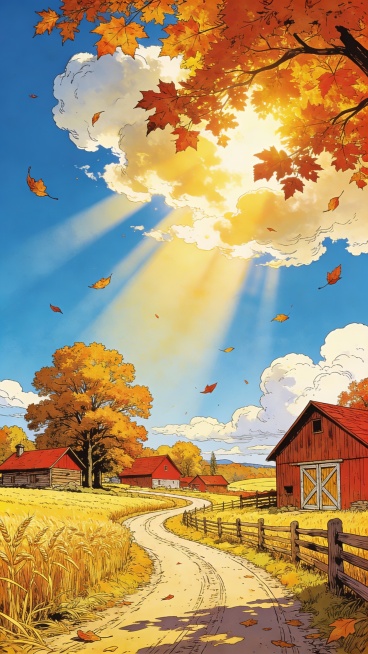 世界幻想插画大师杰作，墨比斯（Moebius ，Jean Giraud）的风格，明媚阳光下，秋天我的家乡，高饱和度色彩，高对比度明暗，高品质细节，超高清分辨率，最佳品质，8K壁纸预览效果