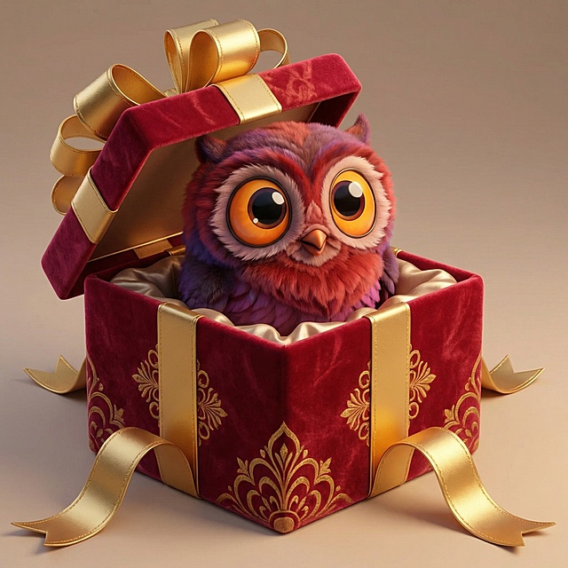 将这只猫头鹰吉祥物修改为从打开的精美礼盒里钻出来的样子，礼盒带有丝带装饰，风格保持可爱3D毛绒质感