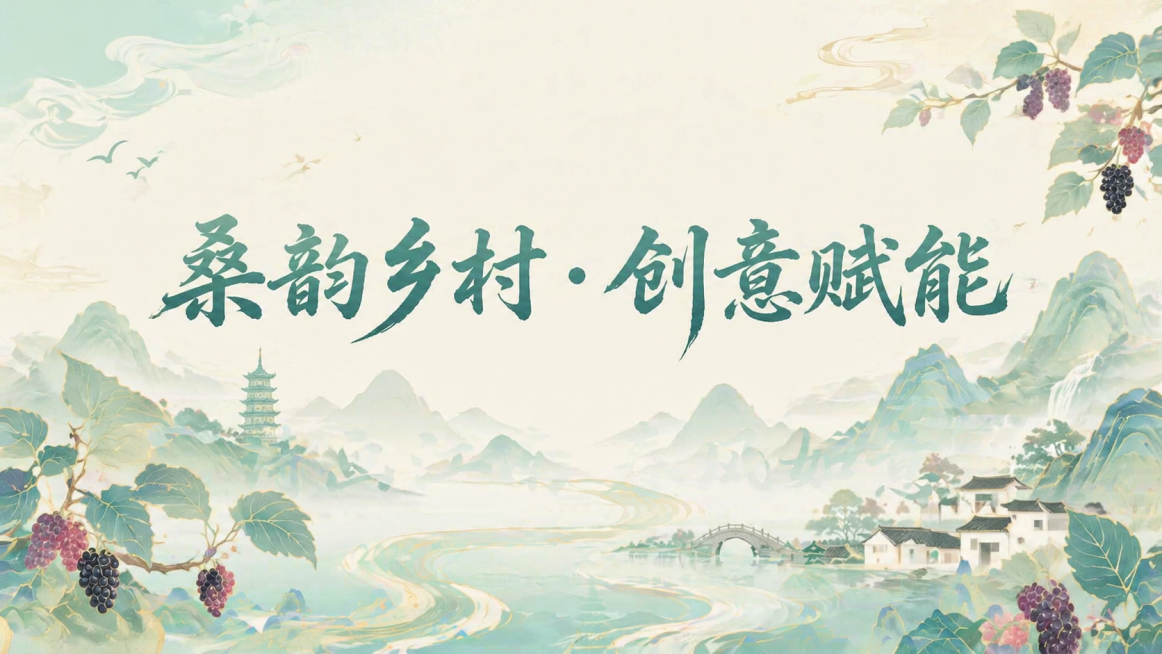 参考上传图片的国潮古韵风格，设计一幅背景图，带有标题文字“桑韵乡村·创意赋能”，背景为抽象桑葚元素，整体浅色调，古韵国风风格，淡青浅米色，山水写意元素，雅致清新。预览效果
