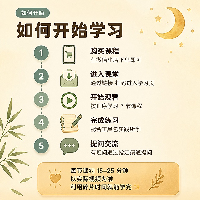 [主图-8] 学习方式与流程页，温暖治愈风插画海报。
[氛围风格] 清晰有条理，温暖治愈系插画风格，画面干净易懂。
[画质] 精致插画质感，线条柔和流畅，色彩温润和谐，文字清晰锐利。
[元素] 奶油米白渐变背景（#FBF6EC → #F3E9D6）。顶部左侧一个竹绿色圆角小标签。标签下方是大标题深棕色粗体字。标题下方纵向排列5步学习流程，每步左侧一个竹绿色圆形编号（内白色数字），中间一个emoji图标，右侧是步骤标题（加粗深棕）+ 灰棕色说明小字。步骤之间有淡淡的连接线。底部一个暖金色圆角提示卡，卡片内有温馨提示文字。右上角有弯月和星星，左下角有竹叶装饰。
[光影] 柔和均匀的漫射光，整体明亮温暖，编号圆和提示卡有轻微的柔和投影。
[配色] 背景奶油米白渐变；标签竹绿#8AA399；主文字深棕#4A3F35；次要文字灰棕#8A7B6B；编号圆竹绿#8AA399；编号数字白色；提示卡暖金#D9A86C渐变。
[视角构图] 正方形1:1比例，纵向流程图构图，5个步骤从上到下排列，底部提示卡收尾，布局均衡清晰。
[文字版式] 顶部竹绿色圆角标签内白色小字："如何开始"。大标题深棕色粗体大号字："如何开始学习"。5步流程纵向排列：第1步圆内"1" + 📱 + "购买课程"（加粗）+ 换行"在微信小店下单即可"；第2步圆内"2" + 📥 + "进入课堂"（加粗）+ 换行"通过链接 扫码进入学习页"；第3步圆内"3" + ▶️ + "开始观看"（加粗）+ 换行"按顺序学习 7 节课程"；第4步圆内"4" + ✍️ + "完成练习"（加粗）+ 换行"配合工具包实践所学"；第5步圆内"5" + 💬 + "提问交流"（加粗）+ 换行"有疑问通过指定渠道提问"。底部暖金色提示卡，卡内深棕色文字："每节课约 15–25 分钟 以实际视频为准 利用碎片时间就能学完 ✨"。
[输出要求] 1:1比例，1080x1080px，文字清晰可辨，精致温暖治愈插画风格。
[负向提示词] 医疗意象，针头药丸，文字错乱，变形，水印，电商平台Logo，密集文字堆砌，人物面部扭曲。