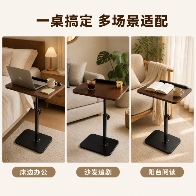 [主图-4] 多功能边几多场景适配展示。
[氛围风格] 温暖家居治愈风，温馨居家生活感；
[画质] 商业摄影质感、高级建模质感、光线柔和通透、产品清晰真实、画面干净高级。
[元素] 三宫格拼图展示同一预览效果