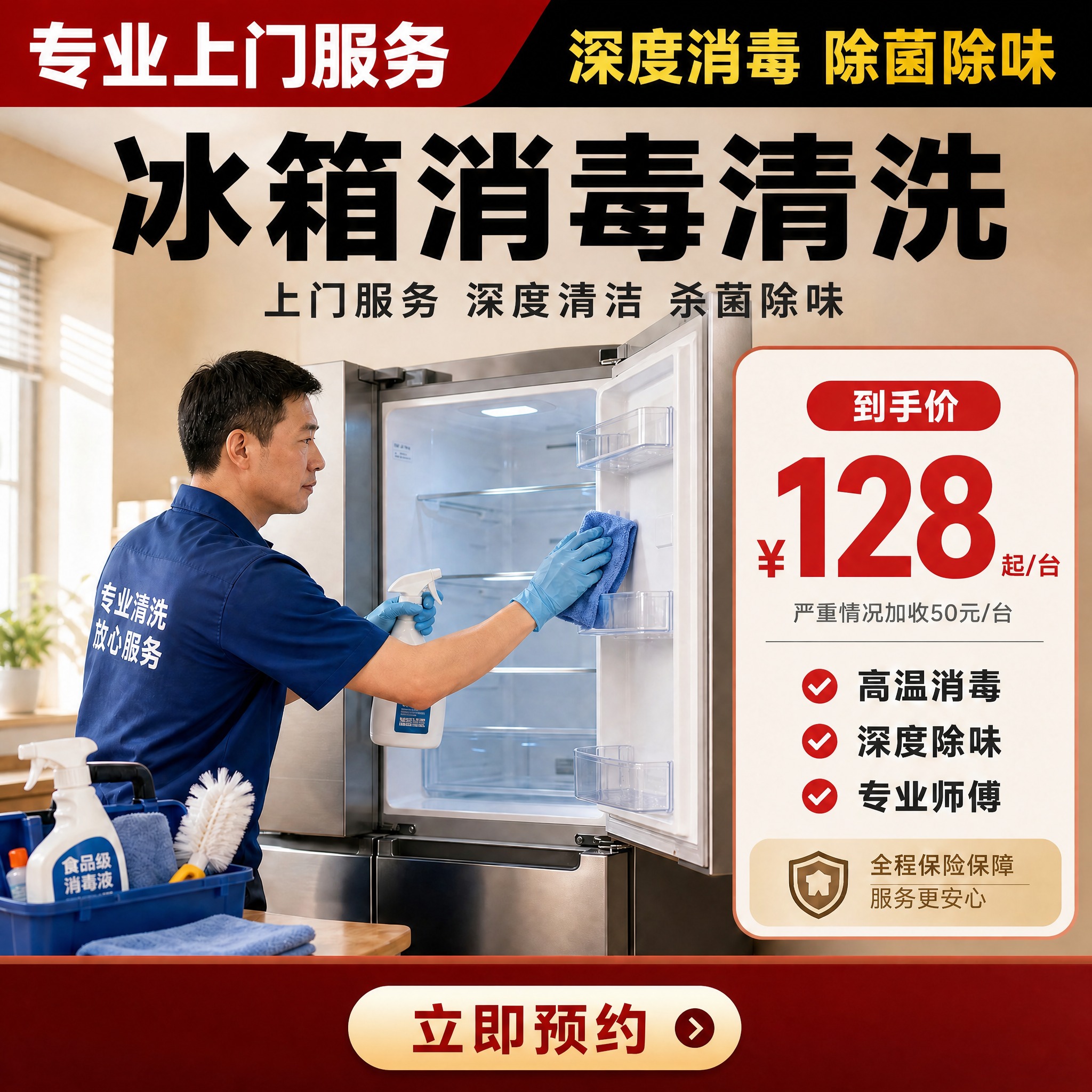 基于这张冰箱消毒清洗服务主图，去掉底部红色通栏中左侧的「下单即… - 图片创意预览