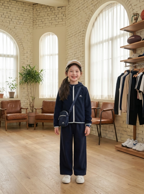 将image1中的藏青色连帽拉链外套和阔腿裤套装穿在image2的小女孩身上，背景为韩系休闲运动风格的高级专业摄影基地，搭配符合衣服风格的配饰，小女孩微笑表情，全身展示，比例3:4预览效果