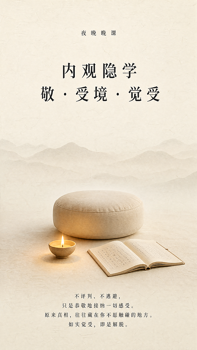 [第6屏] 晚课「内观隐学：敬•受境•觉受」深度解析
[氛围/风格] 禅意风，接纳觉受氛围感，空寂东方美学，低对比柔和色调，延续一二阶统一风格
[元素布局] 大面积留白，画面中心偏下摆放一个蒲团，蒲团前放一盏酥油灯，旁边放一本打开的抄经本，顶部为课程标题，底部为说明文字，背景为素净宣纸纹理，远处点缀淡淡的远山，整体极简空灵，没有多余元素
[光影质感] 整体柔和自然光，酥油灯暖光点缀，环境干净通透，明暗对比极弱，营造接纳内观氛围
[配色色系] 全局底色：#F7F3EA；文字#2C2C2C；蒲团#D6CEBD；灯暖光#E7B079；远山#E8E3DA
[视角构图] 竖向构图，大量留白，元素居中，空灵透气
[文字版式] 顶部小字"夜晚晚课"，主标题加粗"内观隐学
敬 · 受境 · 觉受"，正文文字"不评判、不逃避，只是恭敬地接纳一切感受。原来真相，往往藏在你不愿触碰的地方。如实觉受，即是解脱。"居中排布，行间距宽松，字间距舒展，符合禅意气质
[比例分辨率] 9:16竖版比例，1080x1920，4K分辨率，文字清晰可辨
[负向提示词] 变形，水印，文字错乱，颜色偏差，背景杂乱，多余装饰，色彩鲜艳，构图拥挤