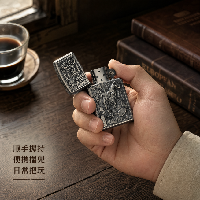 [主图-4] 佐罗煤油打火机手持使用场景展示主图。
[氛围风格] 生活化复古场景，真实代入感；
[画质] 商业摄影质感，光线柔和通透，产品清晰真实，画面干净高级。
[内容元素] 男性成年人手部，干净简预览效果