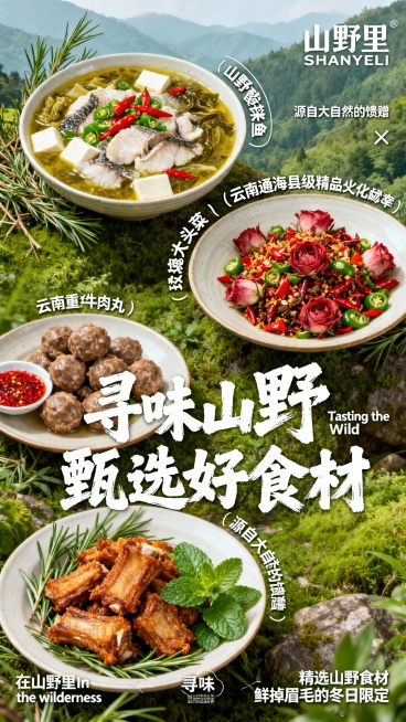 春季山野自然场景餐饮海报，绿色山野背景，中心是山野酸菜鱼，鱼肉鲜嫩搭配翠绿酸菜、红亮辣椒、白色豆腐，汤汁浓郁，周围点缀山上的山草，中心第二是玫瑰大头菜，云南通海县级非物质文化遗产，云南重瓣红玫瑰腌制、预览效果
