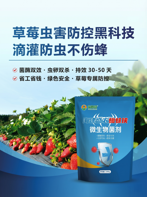 [主图 1] 首图展示-草莓虫害防控微生物菌剂产品宣传图。
[氛围风格] 专业农资电商风格，清新自然，突出农业种植场景
[画质] 商业摄影质感、光线柔和通透、产品清晰真实、画面干净高级
[元素] 蓝色预览效果