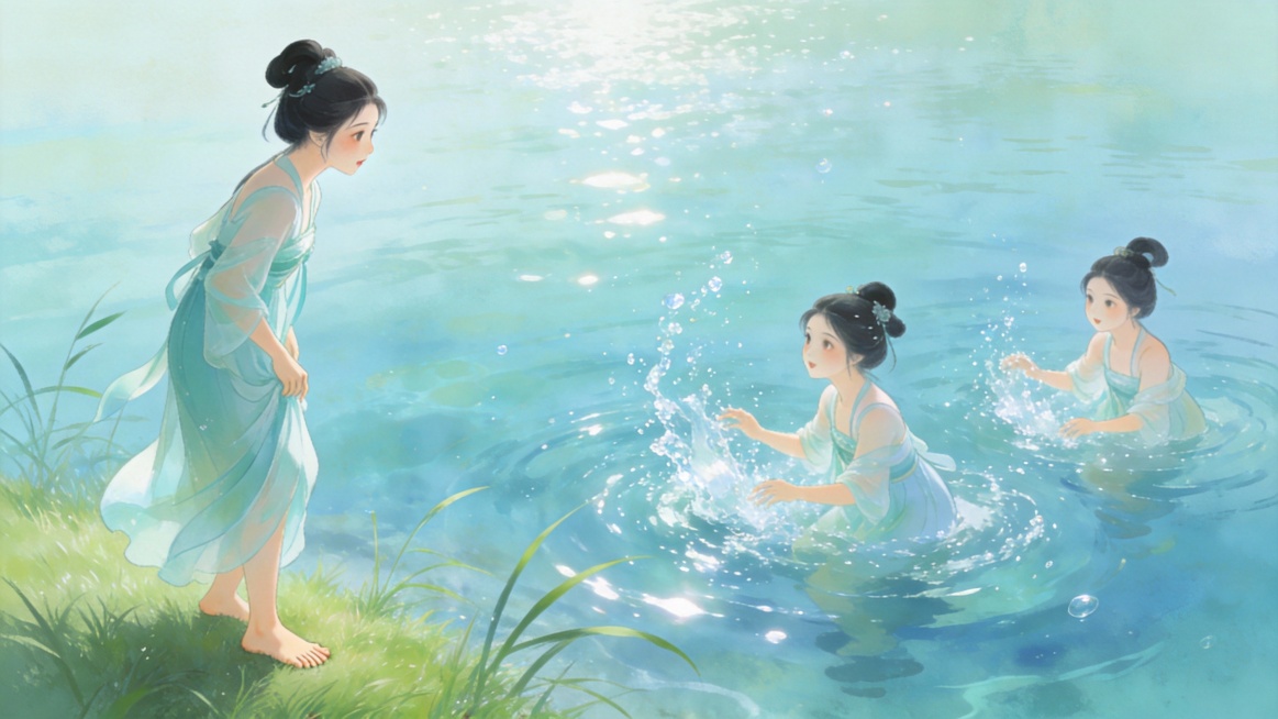 湖畔仙女嬉戏场景，三位仙女在水中玩耍，水花晶莹，织女侧身站立岸边，淡青色罗裙，赤足踏在青草上，好奇表情，3D卡通国漫风格，柔美光影预览效果