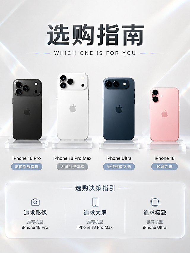 3:4竖版商业数码海报，极简科技发布会视觉，奶白浅灰哑光背景，柔和棚拍光影，淡珠光反光，白色悬浮薄片状展示平台，透明亚克力支撑结构。顶部大标题"选购指南"，英文副标题"WHICH ONE IS FOR YOU"。画面中部展示四款iPhone配色样机整齐排列，产品外形、颜色、摄像头模组、苹果logo均与上传图保持一致，从左到右依次为：黑色Pro、白色Pro Max、深蓝色Ultra、以及一款浅色/粉色基础款。每款下方标注名称和一句话选购建议标签，如"影像旗舰首选"、"大屏沉浸体验"、"极致性能之选"、"轻薄日常之选"。画面下方有选购决策指引，分为三栏：追求影像、追求大屏、追求极致，每栏对应推荐机型。整体干净通透，商业渲染，高清细节，极简科技感，版式精美，信息清晰易读。画面中必须完整呈现以下文字信息："选购指南"、"WHICH ONE IS FOR YOU"、"iPhone 18 Pro"、"iPhone 18 Pro Max"、"iPhone Ultra"、"影像旗舰"、"大屏体验"、"极致性能"、"轻薄之选"。画面中所有数字必须精确渲染，不得错位、遗漏或编造。