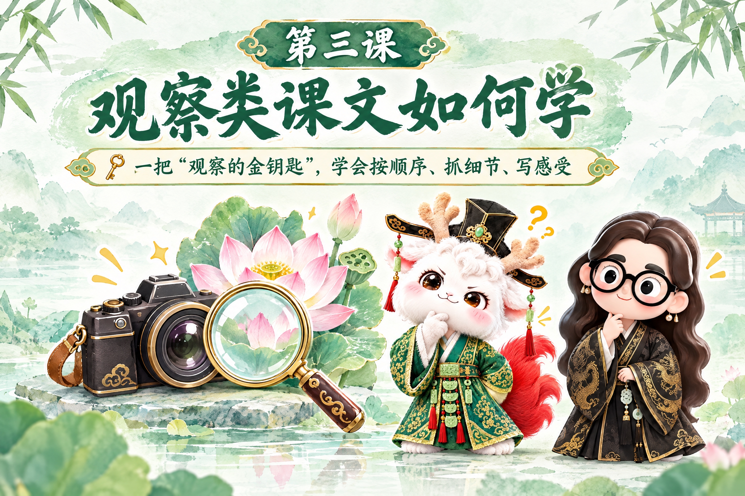 横版6寸比例的课程封面设计，大标题为"第三课 观察类课文如何学… - 图片创意预览