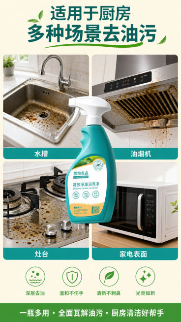 [第5屏] 使用场景页-多场景应用展示（水槽、油烟机、灶台、家电表面），体现产品多功能性。[氛围/风格] 现代厨房实景风格，干净整洁，生活化场景。[元素布局] 四宫格布局：左上水槽油污、右上油烟机油垢预览效果