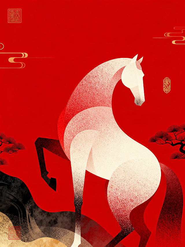 国潮风插画，以几何与粒子技法呈现骏马，融合水墨晕染与古典云纹，红金配色彰显喜庆中式感，尽显传统美学与现代设计的碰撞。