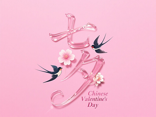 梦幻玻璃风“七夕”大字，配以甜美插画燕子与花朵，浪漫氛围浓厚，庆祝中国情人节。