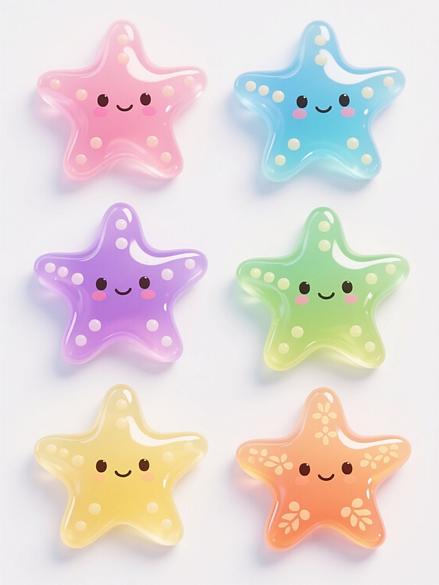 6个不同样式、不同配色、不同外观的海星，保持Q版可爱卡通风格，采用透明果冻质感，表面有光泽高光和凸起圆点装饰，每个海星有独特的颜色（如粉色、蓝色、紫色、绿色、黄色、橙色）和花纹细节，背景为纯白色，海星们排列整齐形成有序的视觉布局，整体画面清新明快，充满童趣。