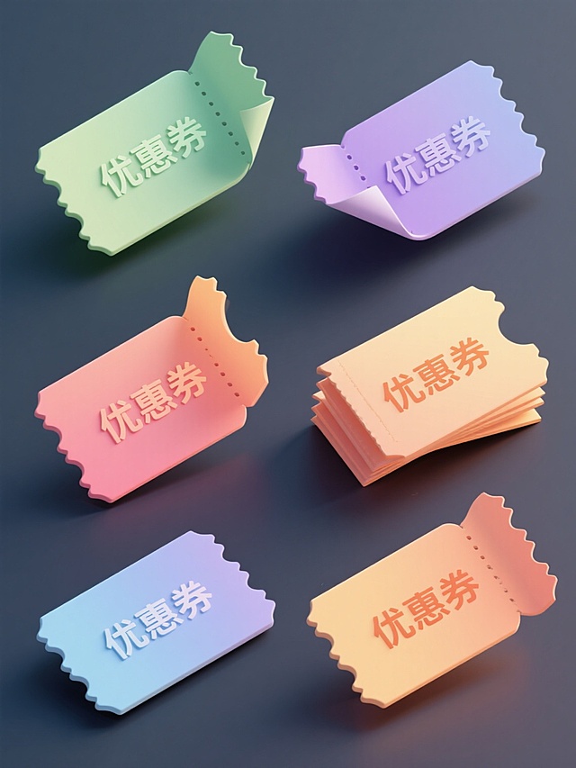 一组6张不同配色、不同造型和角度的优惠券系列素材，每张优惠券均保持相同的券元素内容，采用简洁现代的3D立体风格，边缘带有锯齿状剪裁细节，券面中央有凹陷的“优惠券”文字，整体呈现光滑的渐变质感和柔和的光影效果，每张优惠券拥有独特的纯色背景和主体色彩搭配，造型包括正面平视、45度角倾斜、轻微卷曲、半重叠、横向摆放和纵向竖立等多种变化，所有优惠券整齐排列成规则的网格布局，保持统一的设计语言和视觉风格。