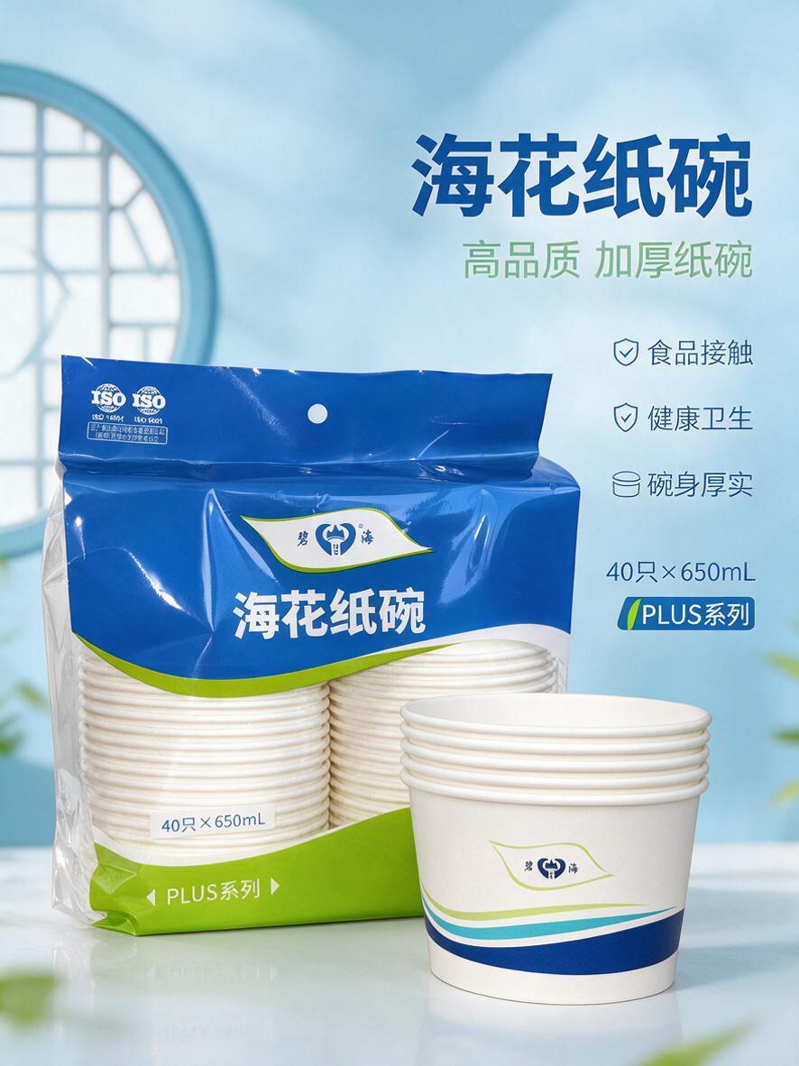 海花纸碗商品营销海报，蓝色调小清新风格，写实商业摄影质感，版式… - 图片创意预览