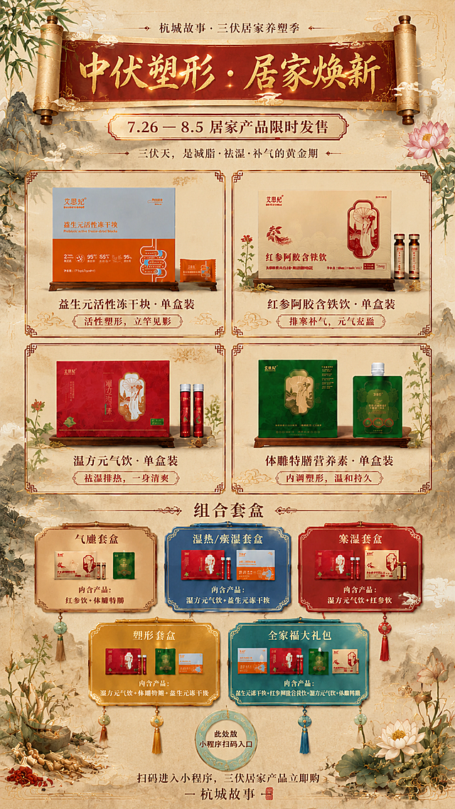 重新设计这张三伏养生海报，改为更浓郁的中国风工笔风格，保留所有文案内容和产品信息。

【整体风格】
- 国风工笔重彩风格，类似古画卷轴质感，宣纸纹理底色
- 主色调：朱砂红、石青、墨绿、鎏金，传统中式配色
- 背景：淡墨山水+祥云纹+竹叶+荷花工笔画，远山如黛，云雾缭绕，有古画意境
- 整体氛围：雅致、温润、有东方美学韵味，区别于之前的商业红金风

【版式结构】
- 顶部：卷轴式标题栏，主标题「中伏塑形 · 居家焕新」用书法毛笔字体，金色描边，两侧对称祥云纹装饰
- 顶部小字「杭城故事 · 三伏居家养塑季」用瘦金体风格
- 副标题「7.26 — 8.5 居家产品限时发售」放在印章样式的框内
- 一句话主张「三伏天，是减脂·祛湿·补气的黄金期」用竖排或横排细体字

【四款产品区】
- 2x2四宫格保持，但宫格边框改为中式回纹边框/花窗造型
- 每个宫格背景为浅米色宣纸质感，产品放在木质小台座或祥云承托上
- 产品名称用宋体/楷体，卖点放在小印章标签内
- 产品100%还原原图外形包装

【组合套盒区】
- 标题「组合套盒」用书法字体，两侧对称装饰纹
- 5个套盒卡片改为中式锦囊/药盒造型，带流苏或玉佩装饰元素
- 每个套盒用不同传统色区分：气虚-赭石、湿热痰湿-石青、寒湿-朱砂、塑形-鎏金、全家福-五彩
- 全家福内体雕特膳使用新款绿色方形盒子

【底部区域】
- 圆形扫码占位框改为玉佩/铜镜造型，金边玉质感
- 引导文字和落款用传统书法字体
- 底部装饰：工笔荷花、艾草、中药材（枸杞、人参、艾草）工笔画点缀

【文字要求】
- 全部简体中文，字体以书法体、宋体、楷体为主
- 所有文案内容完整保留，数字精确
- 版式精美，四边留白，有古画装裱感