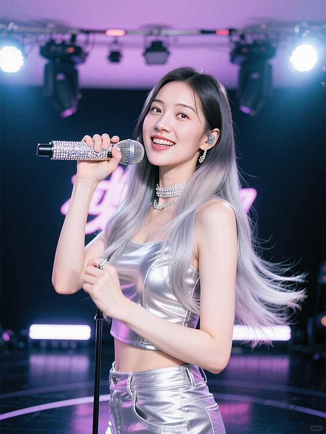 女生，银灰色渐变长发，银色系穿搭，手拿镶钻麦克风，动作活泼，站在韩范打歌舞台上，舞台光影交织。整体动感潮流。