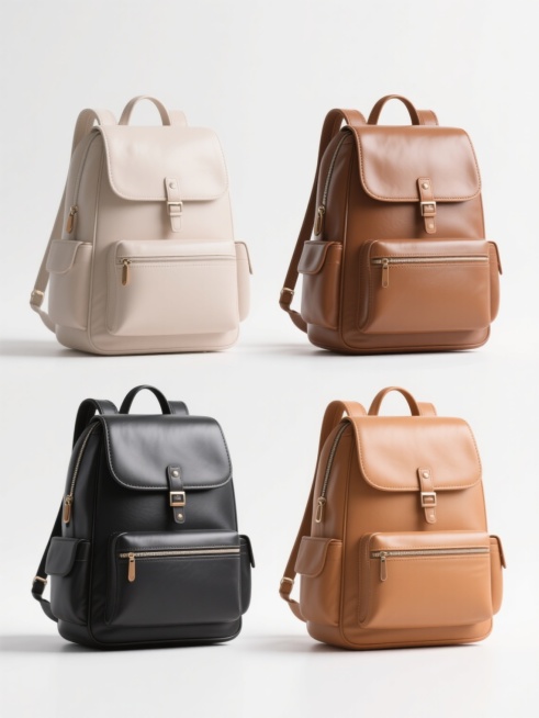 4个不同配色、不同样式的书包，采用3D渲染风格，具有光滑细腻的皮质质感，柔和的光影效果，高光和阴影过渡自然，每个书包保持简约时尚的设计基调但配色与细节装饰各具特色，整体排列整齐，置于纯白色背景之上，构图居中对称，视觉层次清晰，突出书包主体，达到商品展示海报级别的信息传达效率与设计感。预览效果