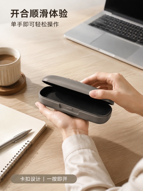 [第5屏] 人物使用场景一-手部操作开合盒盖。本屏使用【图6】作为动作参考。[氛围/风格] 真实生活场景风, 温馨实用, 商业摄影质感. [元素布局] 亚洲人手部（肩线以下）持哑光灰眼镜盒，正打开盒盖预览效果