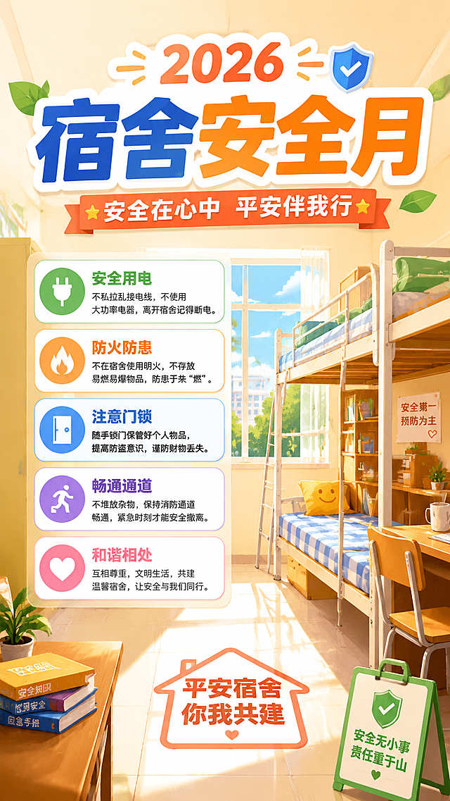 2026校园宿舍安全月公益宣传海报，背景为干净明亮的学生宿舍场景，画面顶部标注“2026宿舍安全月”，下方列举安全提示，采用鲜艳温暖配色，风格简洁清新美观，突出宿舍安全主题