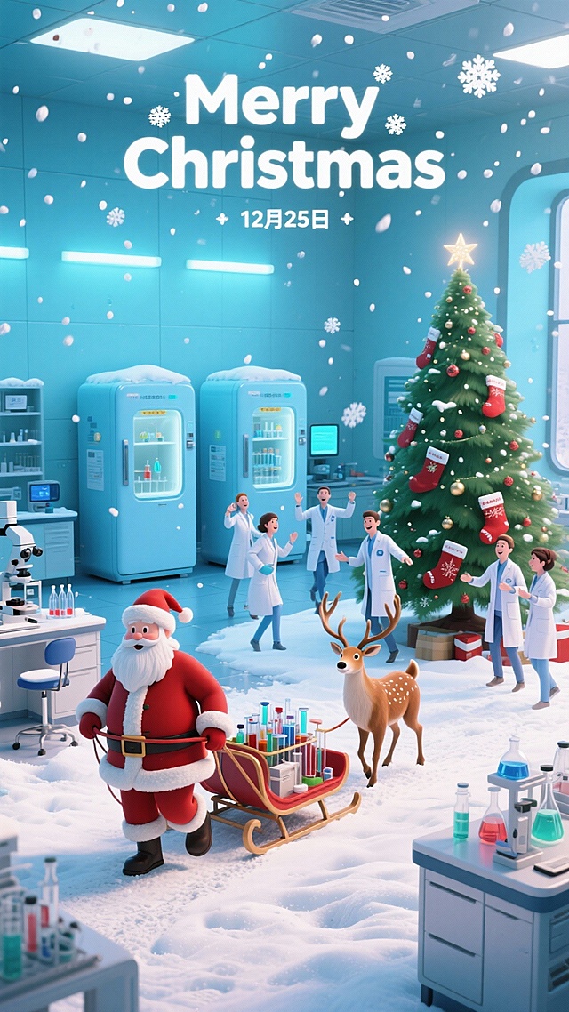 背景是实验室，有两台医疗冰箱的医疗场所， 有圣诞老人，圣诞树 驯鹿 圣诞袜 圣诞老人拉着雪橇 雪橇里面有实验器材 ， 有科研人员在过圣诞节 画面中上位置有“Merry Christmas”下面配上小文字“12月25日”做装饰 整体保持圣诞主题的欢快氛围 飘白色雪花。 全景式构图 画面大气 圣诞老人大点 圣诞树大点