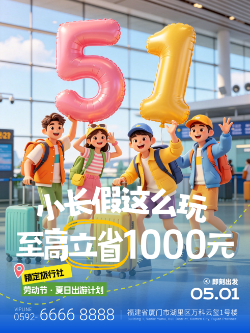 五一软3D卡通风格旅行社活动推广小红书封面预览效果