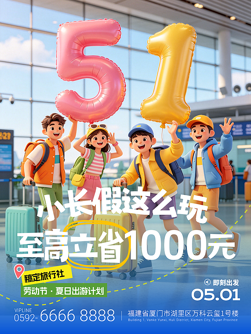 五一软3D卡通风格旅行社活动推广小红书封面