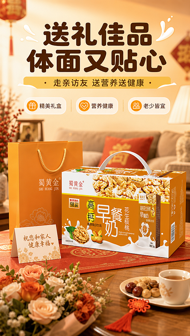 [商品] 使用【图1】蜀黄金高钙早餐奶礼盒装；保留礼盒所有外观细节、颜色、Logo、文字、手提结构；做送礼场景融合，处理透视与阴影。
[画面] 第4张-送礼场景页，目标：突出礼盒送礼佳品属性，营造体面送礼氛围。礼赠开箱型，礼盒置于精致的送礼场景中，旁边有礼品袋、贺卡、鲜花点缀，背景为温馨的客厅茶几或节日桌面，暖黄色灯光烘托节日送礼氛围。产品占画面约50%，礼盒正面朝向观众略侧转，手提带自然竖起。≥3层环境元素。
[视觉] 套系策略：风格=温暖食欲风商业摄影；标题字=圆润粗黑体；正文字=简洁无衬线体；主色=暖橙黄；背景延展=基于暖橙黄做深浅渐变、同色卡片和细腻牛奶/木纹质感；强调色=奶白色，用于小面积图标、引线和标签；标题色=深棕；正文色=暖棕灰；组件=圆角白底信息卡、细线引线、奶滴装饰；光影=左前侧暖柔光，自然晨光感。
[文字] 上部主标题「送礼佳品 体面又贴心」，副标题「走亲访友 送营养送健康」，下方3个卖点：「精美礼盒」「营养健康」「老少皆宜」。文字均横排。
[规格] 图片比例9:16竖版，4K分辨率，负向提示：避免变形、错字、文字过小、冷蓝背景、包装失真、极限词。