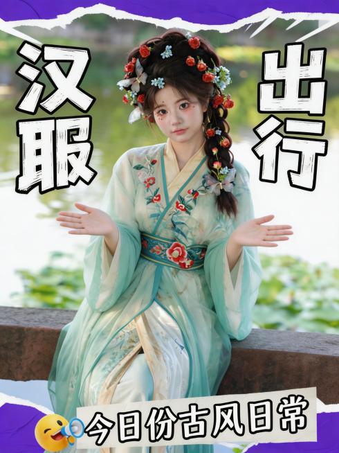 参考图2的小红书封面排版样式，将图2中的人物替换为图1中的汉服人物，保持图1人物的面部特征不变。
动作与图2保持一致，双手前摊张开。
保留图2的文字排版结构：将左上白色大字"在职"替换为"汉服"，右上预览效果