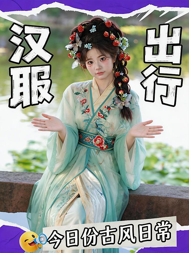 参考图2的小红书封面排版样式，将图2中的人物替换为图1中的汉服人物，保持图1人物的面部特征不变。
动作与图2保持一致，双手前摊张开。
保留图2的文字排版结构：将左上白色大字"在职"替换为"汉服"，右上白色大字"考公"替换为"出行"，底部白色长条黑色文字"名师答疑服务"替换为"今日份古风日常"。
保持图1背景不变，适当虚化，亮度适中。
生成卡通风格，图层关系和原图保持一致，文字都位于人物前方，调整动作比例适配人物。