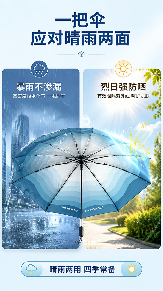 [第2屏] 核心卖点-晴雨两用功能解析。本屏使用【图1】作为商品主体。
[氛围/风格] 清新功能说明风，左右分栏对比，商业插画+摄影结合质感。
[元素布局] 画面左右分栏，左侧雨天场景：雨伞撑在雨中，雨滴打在伞面滑落，展示防水效果；右侧晴天场景：阳光下撑伞，伞面有紫外线反射示意，展示防晒效果；中间放雨伞主体图连接两侧；伞面颜色、结构与产品图一致。
[光影质感] 左侧冷调雨天柔光，右侧暖调晴天强光，中间过渡自然，整体明亮。
[配色色系] 全局底色 #F0F7FA 浅灰蓝；主色蓝色系；辅助色黄色阳光点缀、白色雨滴。
[视角构图] 左右对称构图，中间产品为视觉焦点，阅读动线顶部标题→左右分栏对比→底部总结。
[文字版式] 顶部大标题「一把伞 应对晴雨两面」；左侧栏标题「暴雨不渗漏」配小字「高密度拒水伞布 一甩即干」；右侧栏标题「烈日强防晒」配小字「有效阻隔紫外线 呵护肌肤」；底部信息条「晴雨两用 四季常备」；文字清晰层级分明。
[比例分辨率] 9:16 竖版比例，4K分辨率，文字清晰可辨，高清画质。
[负向提示词] 伞面变形，颜色偏差，水印，文字过小，结构错误，产品模糊。