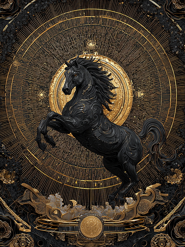 鎏金黑马跃然于古典纹饰之中，融合3D浮雕与重拟物风，极繁主义构图彰显奢华神圣感，中式美学与神秘气息交织，尽显东方神韵。