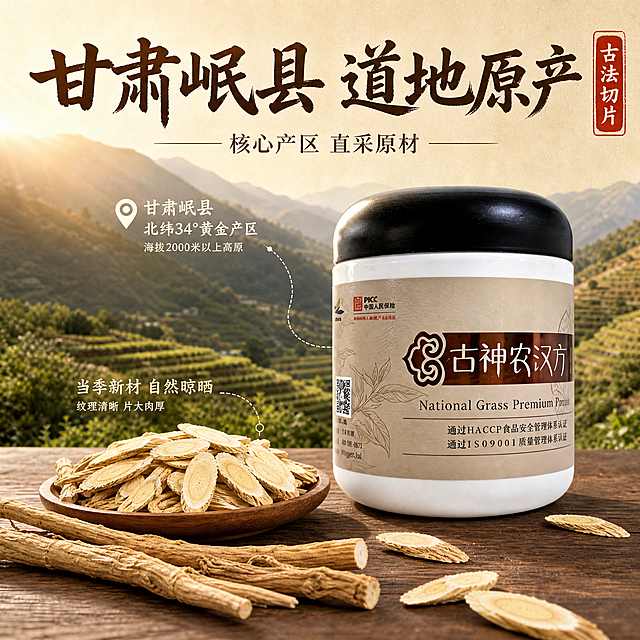 [主图-2] 产地溯源与核心亮点，主题：道地甘肃岷县原产，品质溯源。
[统一基调] 国风品质感，暖棕米白主色调，深棕色主标题配粗笔书法字，米白色辅助文案用细宋体，强调字用朱红印章样式，整体自然暖光，专业靠谱的滋补食品风格。
[画面] 画面中心偏右展示黄芪罐装产品（罐子外观与原图完全一致，不得改动），左侧和背景融入甘肃岷县高原山地、梯田药田的虚化场景，远山层叠，阳光洒下。前景桌面上摆放几支完整的黄芪原根和一盘切好的黄芪斜片，展示从原材到成品的关系。用细引线从产品指向产地场景和原材，标注核心信息。
[光影质感] 自然暖阳光线，户外天光结合室内桌面柔光，产品光影自然融入，黄芪原根纹理清晰，罐身有真实反光。
[配色] 背景远山青灰+暖黄阳光，桌面深木色，主标题深棕色，辅助文案米白色，强调字朱红色。
[文字版式] 上方大标题“甘肃岷县 道地原产”，下方分两行小字“核心产区 直采原材”，右侧竖排印章式“古法切片”。文字放在上下方负空间，不遮挡产品主体。
[输出要求] 1:1正方形，2048px，文字清晰无错字，产品清晰不变形。负向：模糊 变形 错字 杂乱 水印 二维码 平台Logo 医疗功效词