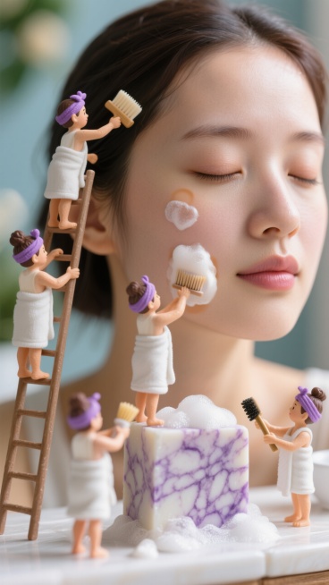 一位女性闭着眼睛享受清洁护肤，脸颊上放着一块紫色大理石纹手工肥皂，肥皂溢出丰富泡沫。几个穿着白色浴巾、戴紫色发带的迷你小人有的站在梯子上，有的用刷子认真清洁她的脸庞。预览效果