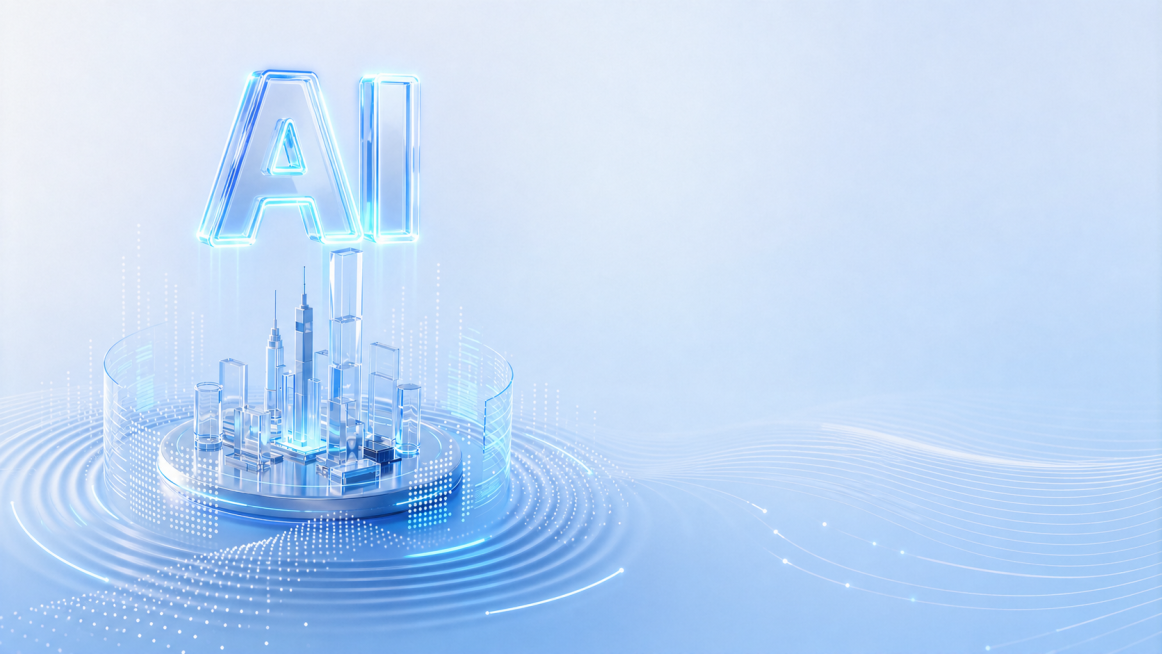 保持玻璃城市建筑群在画面左侧，将更醒目的发光玻璃质感"AI"字样放置在城市建筑群的正上方位置，整体保持浅蓝色科技风格预览效果
