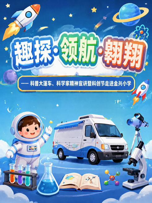 修改海报，将文字仅保留为:
"趣探・领航・翱翔
—— 科普大篷车、科学家精神宣讲暨科创节走进金兴小学"
删除所有其他额外文字，保持整体卡通童趣科幻科普风格，蓝色背景，太空行星火箭化学元素装饰，画面比例预览效果