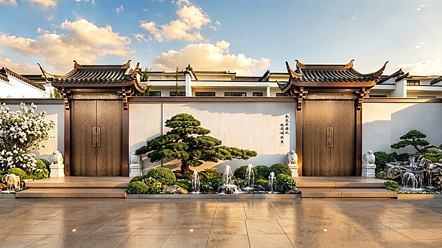 对大门屋檐进行细节修复，确保大门金属鱼鳞纹理真实自然，门把手细节刻画真实自然；各种衔接细节过渡合理；金属颜色统一为咖啡金；日光反光效果真实自然，整体画面保持原有构图和场景不变，超写实高清质感