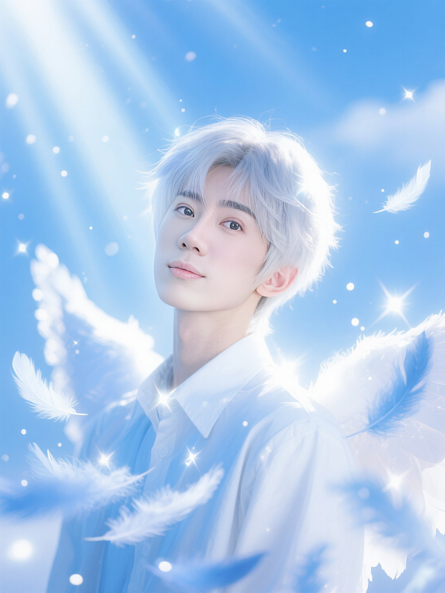 特写镜头，唯美精致的天使少年（奶油肌，银色的头发，白蓝色穿搭，发着光），环绕无数动态模糊的蓝白调发光羽毛，大光圈虚化的天空背景