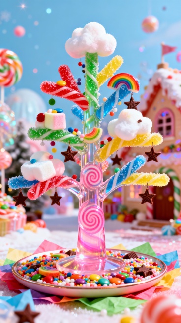 一棵糖果水晶圣诞树，树干是透明棒棒糖，呈现粉色渐变效果并带有螺旋纹理，树枝由彩色糖果棒组成，有红色、绿色、蓝色、黄色，表面都带着糖霜，树上装饰着棉花糖云朵、彩虹糖片、糖珠和巧克力星星，底部是一个圆形糖预览效果