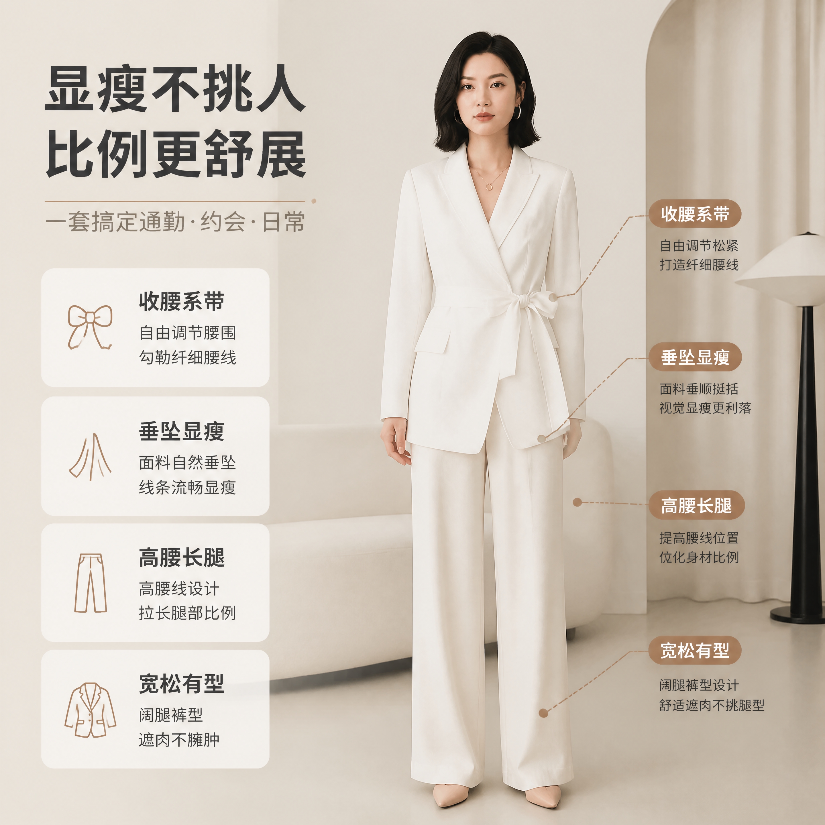 [商品] 使用【图4】奶油米色系带西装上衣与配套长裤，保留系带… - 图片创意预览