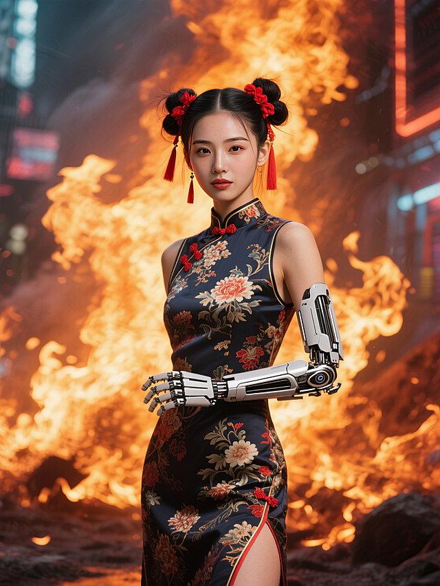 赛博朋克风的中式旗袍女，机械臂与火焰背景，未来科技感与传统美学交融。