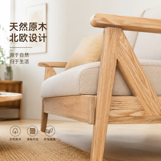 淘宝商品主图，特写展示天然原木材质纹理，几何设计造型北欧沙发，温馨家居场景，简洁干净背景，突出原木天然质感，淘宝主图展示预览效果