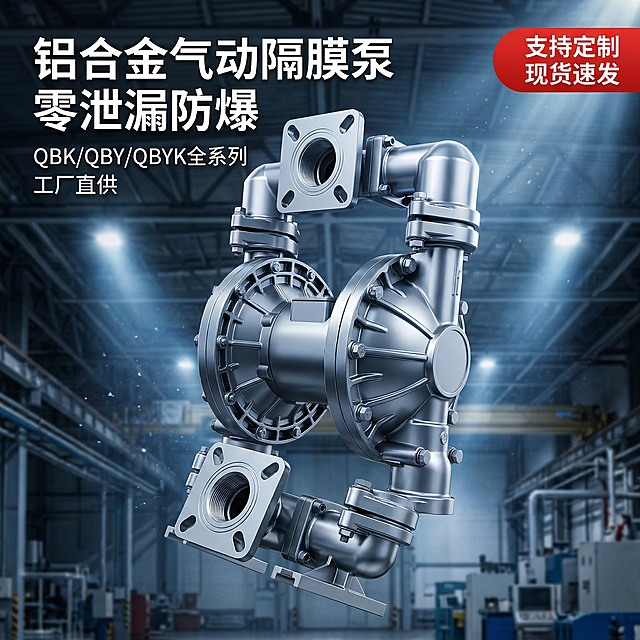[主图 1：首图/点击率核心]：[垫图] https://gdesign-dam-hz.dancf.com/35944884314286167/36ebb26437654bdf878d7ee7f624f11c.png [主图主题] 高耐腐铝合金气动隔膜泵首图 [氛围/风格] 硬核工业风，冷调金属光，高端专业 [画面元素] QBYK-80型号铝合金气动隔膜泵居中悬浮，45°角俯视，表面做金属光泽强化，背景为工业厂房金属吊顶+冷光射灯效果，光束打在泵体上形成明暗对比，全屏无边框。 [配色色系] 主色调：金属银灰（产品）；辅助色：深灰黑（背景）、冷白光（射灯） [视角构图] 45°俯视，小景深突出产品 [文字版式] 左上角加粗主标题“铝合金气动隔膜泵 零泄漏防爆”，副标题“QBK/QBY/QBYK全系列 工厂直供”，右上角红色胶囊角标“支持定制 现货速发”，字体为硬朗工业无衬线体，白色，文字悬浮无额外底框，不遮挡产品。 [比例分辨率] 1:1 比例，2k 分辨率