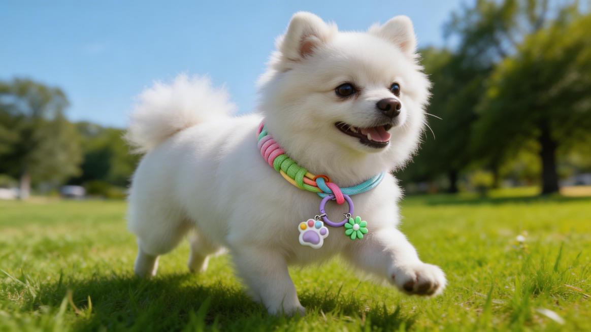一只可爱的小狗在公园草地上奔跑，佩戴着与参考图完全相同的项圈（粉色、绿色、蓝色渐变绳索，橙色金属扣，紫色圆环，爪印和花朵吊坠），项圈的位置、颜色、细节必须与参考图完全一致，真实摄影风格预览效果