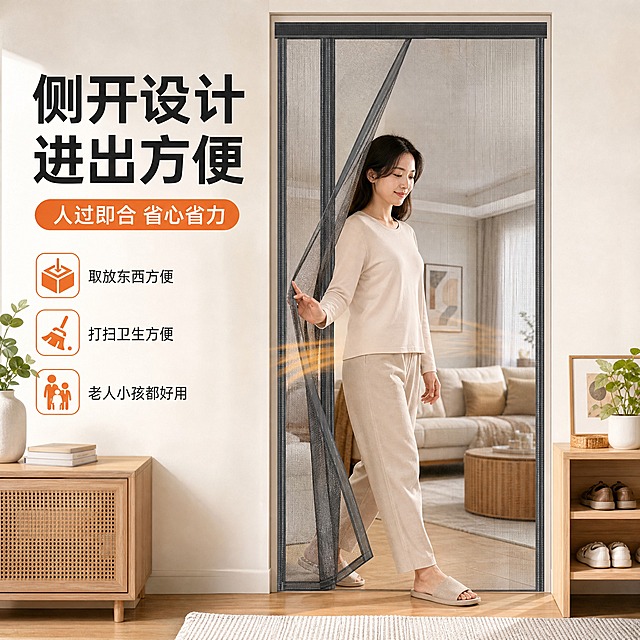 [主图-4] 侧开磁吸空调门帘 侧开设计与人进出方便展示。
[统一基调] 拼多多风格 大字直白 高性价比感 温馨居家暖调 主色深灰+米白+暖橙强调色 标题粗黑体 辅助字清晰易读 整体明亮通透。
[画面] 产品为侧开式磁吸空调门帘 深灰色边框 高透网纱 安装在居家门洞 展示侧开式设计的使用便利性 一位成年人侧身从门帘侧边轻松走过 手轻推门帘 门帘随人体通过后磁吸自动闭合 动态展示进出方便 不卡顿 背景为居家玄关或客厅场景 有鞋柜 绿植等 产品主体占画面约60% 产品外观结构颜色与输入图一致 提升整体质感。
[光影质感] 商业摄影质感 自然光照明 人物与门帘互动自然 网纱通透 边框质感细腻 地面有自然阴影 整体明亮生活化。
[配色] 深灰边框 米白墙面 浅木色家具 暖橙色强调文字。
[文字版式] 左侧竖排或顶部横排大标题粗黑体"侧开设计 进出方便" 下方小字"人过即合 省心省力" 右下角三个小图标加文字分别标注"取放东西方便""打扫卫生方便""老人小孩都好用"。
[输出要求] 1:1比例 2048x2048 文字清晰可读 产品清晰 人物自然 无畸形手 无变形 无错字 无水印 无平台logo 无违禁词 不出现最第一顶级等绝对化用语。