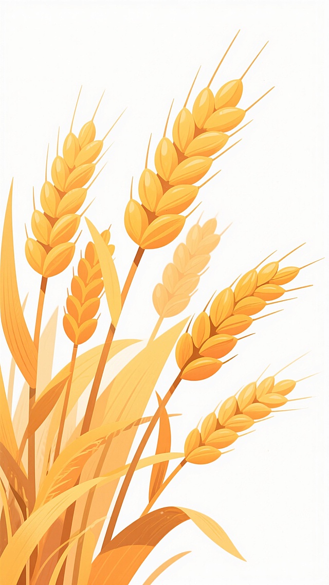 手绘风格插画，画面主体为多株金黄色麦穗，麦穗颗粒饱满呈纺锤形，麦芒细长尖锐，麦秆挺拔略带自然弯曲，叶片修长边缘有细微锯齿，整体色彩以明亮的橙黄色为主色调，带有渐变的暖色调光影效果，笔触细腻带有手绘线条感，背景为纯白色，构图采用从左下角向右上角延伸的自然生长态势，画面简洁明快，充满丰收的喜悦氛围，插画风格清新自然，细节刻画丰富，具有装饰性和艺术感。